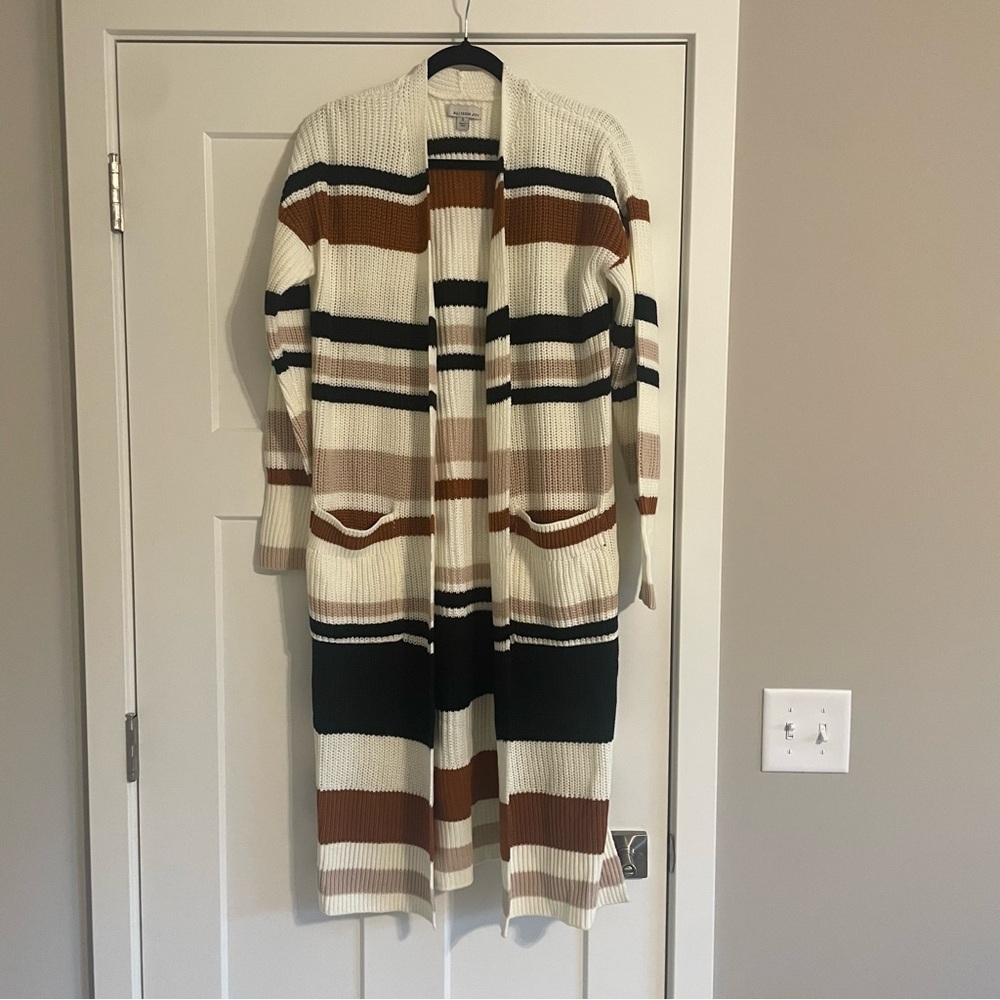Allison Joy Striped Knit Cardigan in White, Black, and Brown
